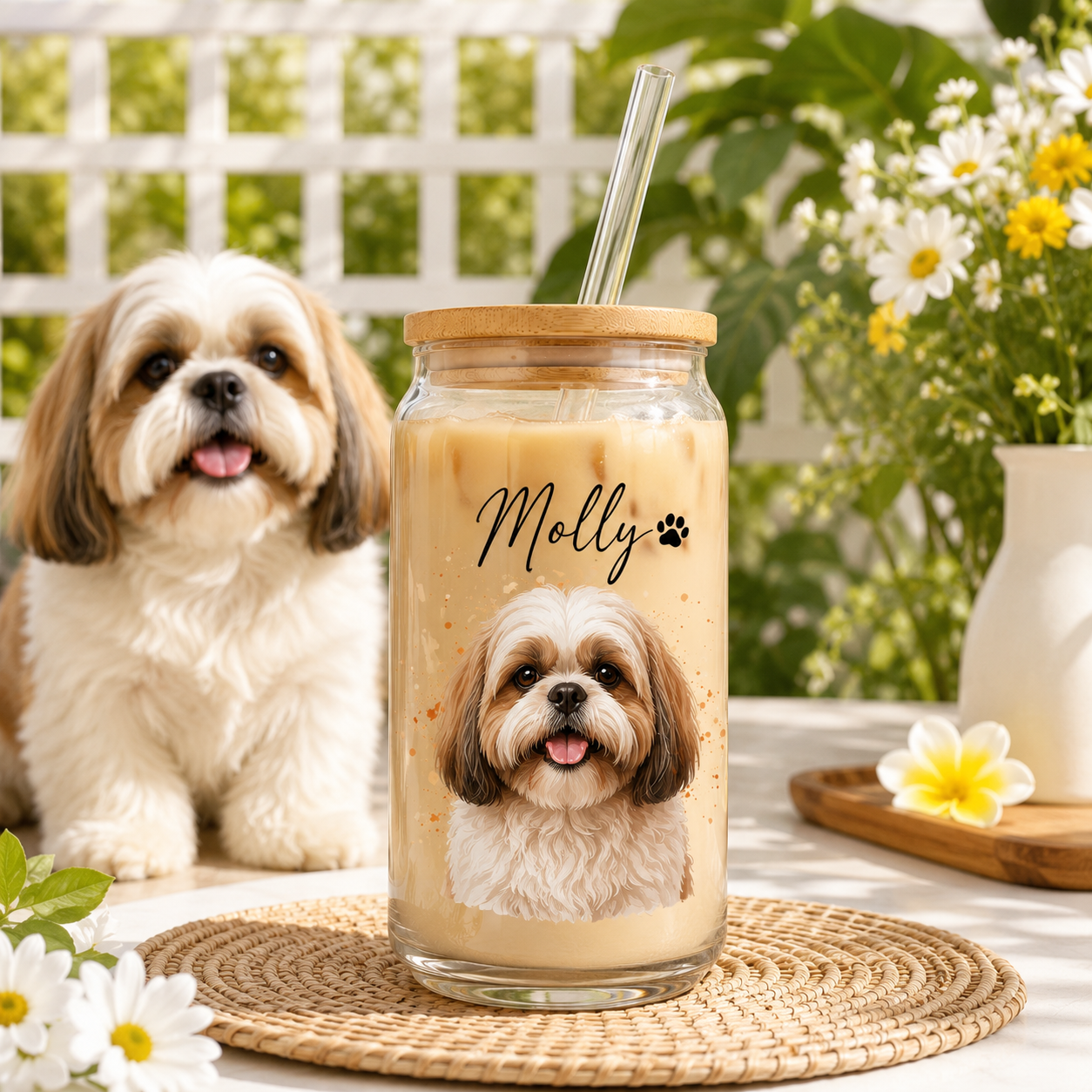 Custom Dog Photo Iced Coffee Glass – 16oz Personalized Cup with Bamboo Lid THUC99