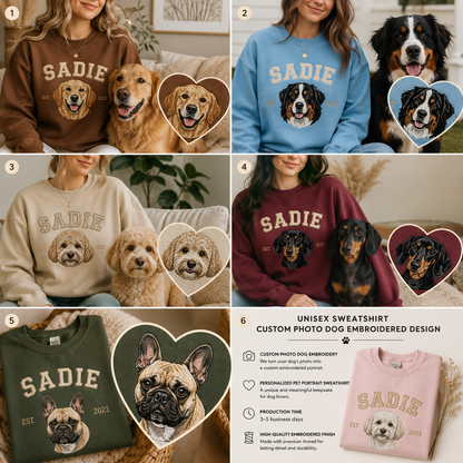 Custom Dog Photo Embroidered Sweatshirt – Personalized Pet Portrait Sweatshirt THUC99