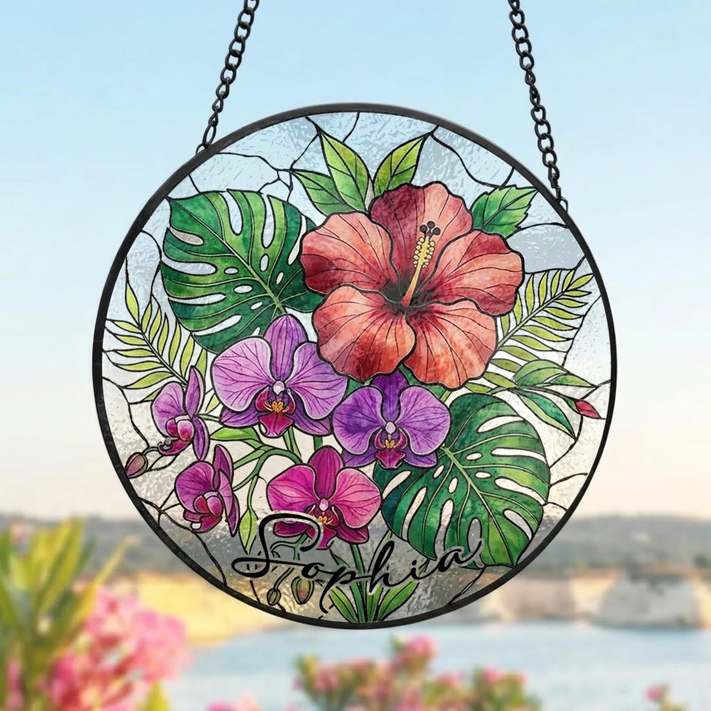Personalized Tropical Flower Stained Glass Suncatcher – Custom Name Window Hanging, Hibiscus & Orchid Decor (THUC99)
