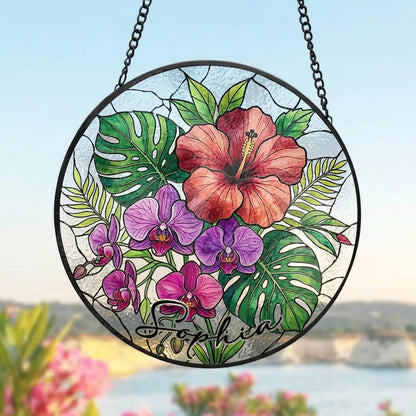 Personalized Tropical Flower Stained Glass Suncatcher – Custom Name Window Hanging, Hibiscus & Orchid Decor (THUC99)