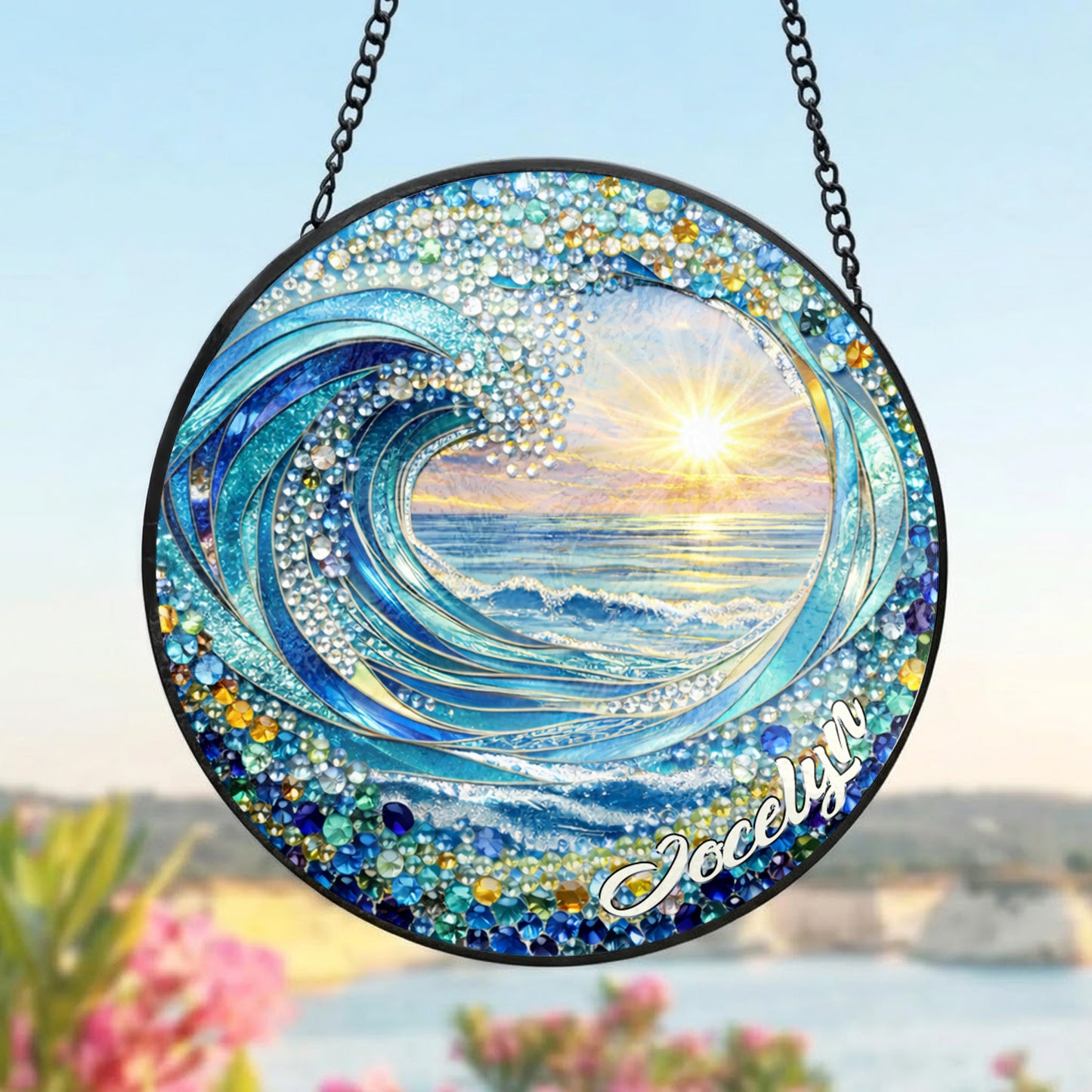 Personalized Ocean Wave Stained Glass Suncatcher – Custom Name Beach Sunset Window Hanging THUC99