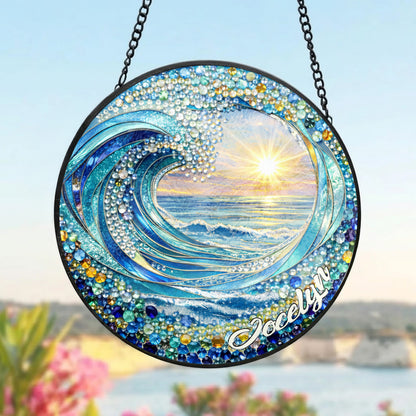 Personalized Ocean Wave Stained Glass Suncatcher – Custom Name Beach Sunset Window Hanging THUC99
