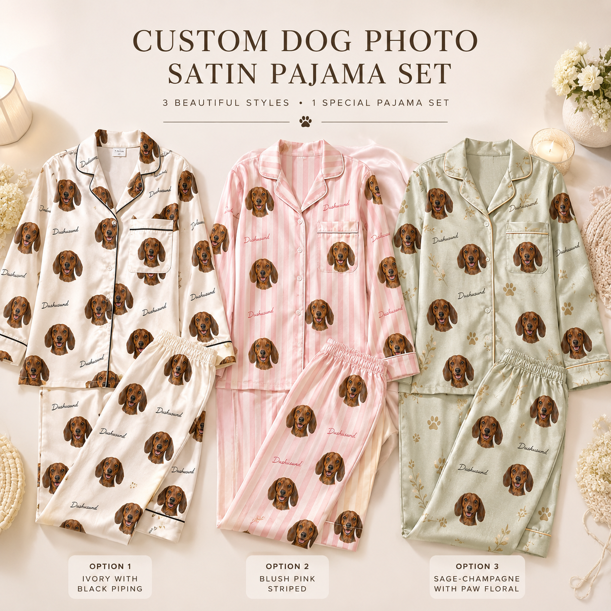 Personalized Dog Face Satin Pajama Set Custom Pet Photo Nightwear for Women THUC99