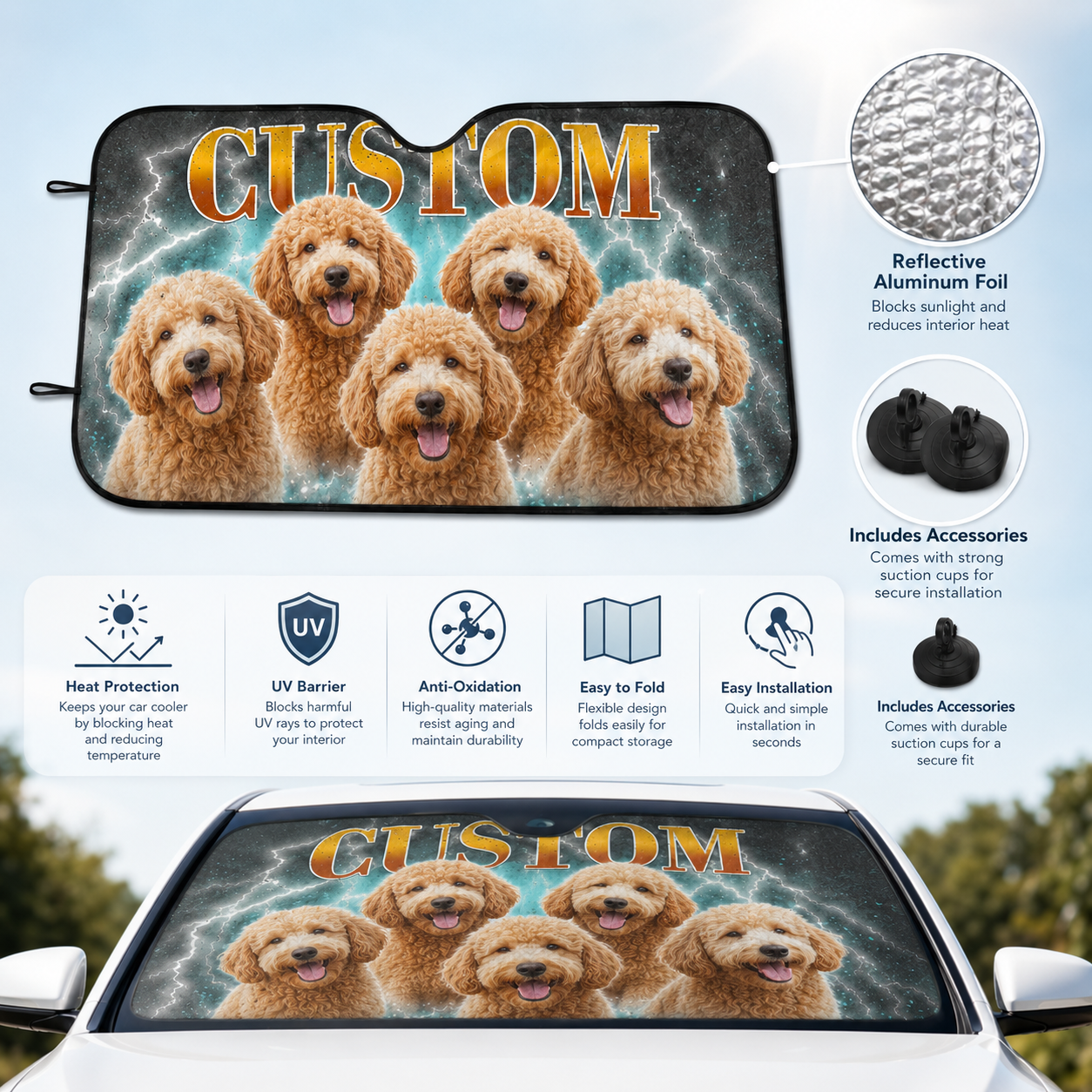 Custom Photo Pet Windshield Sunshade, Personalized Dog Car Sun Shade, Unique Auto Accessories Gift THUC99