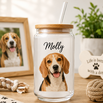 Custom Pet Portrait Sipper Glass – 16oz Personalized Cup with Bamboo Lid and Straw THUC99