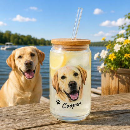 Custom Puppy Portrait Glass Cup 16oz – Personalized Tumbler with Bamboo Lid THUC99