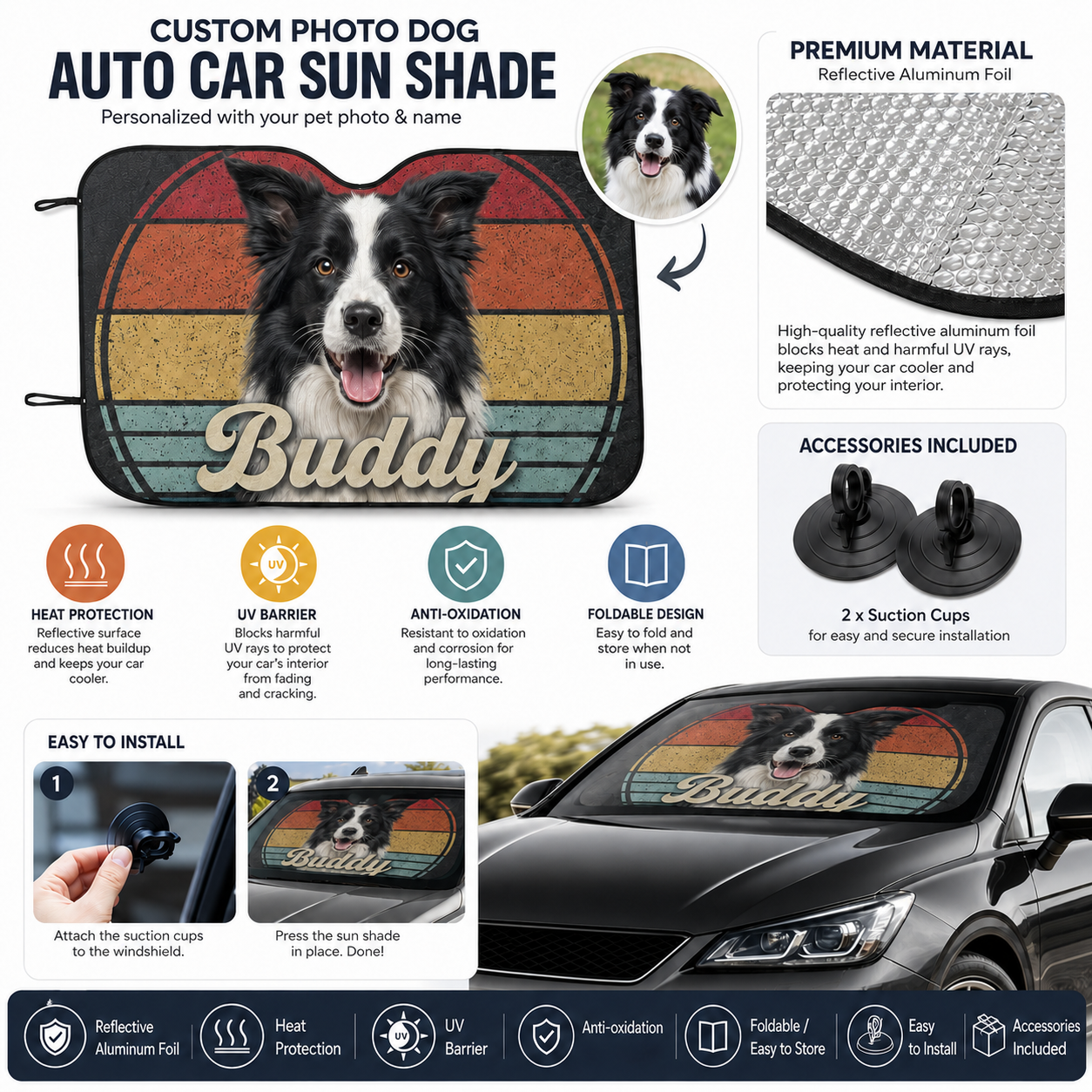 Custom Dog Face Car Sun Shade, Personalized Pet Photo Windshield Cover, Foldable Auto Sunshade THUC99