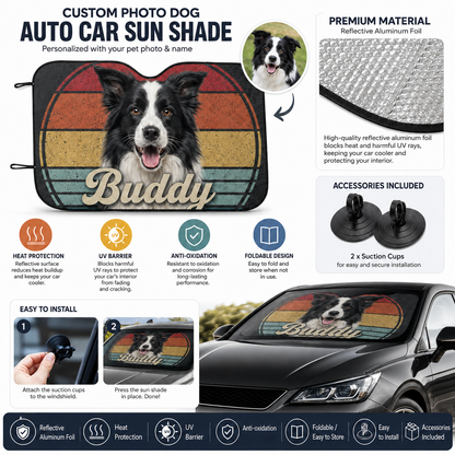 Custom Dog Face Car Sun Shade, Personalized Pet Photo Windshield Cover, Foldable Auto Sunshade THUC99