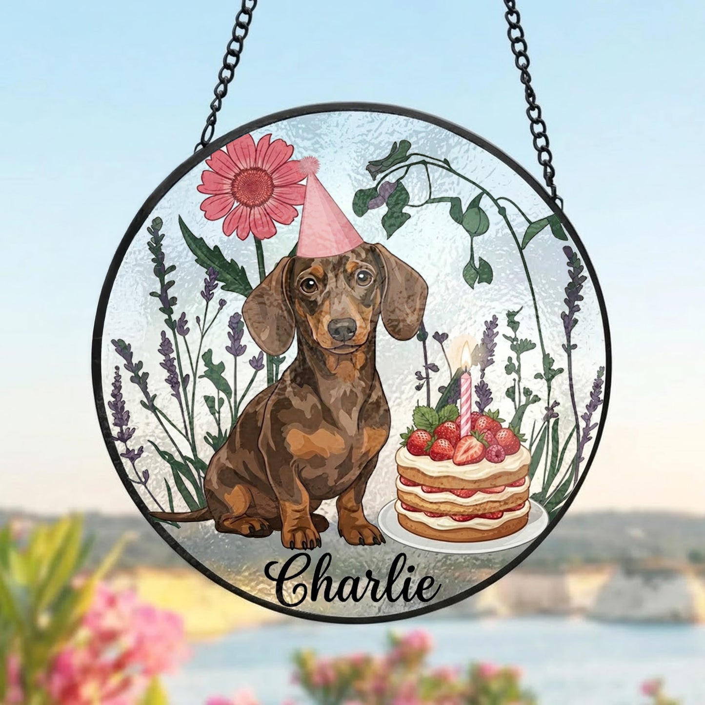 Custom Pet Birthday Suncatcher – Custom Photo Dog Portrait Window Hanging Decor (THUC99)