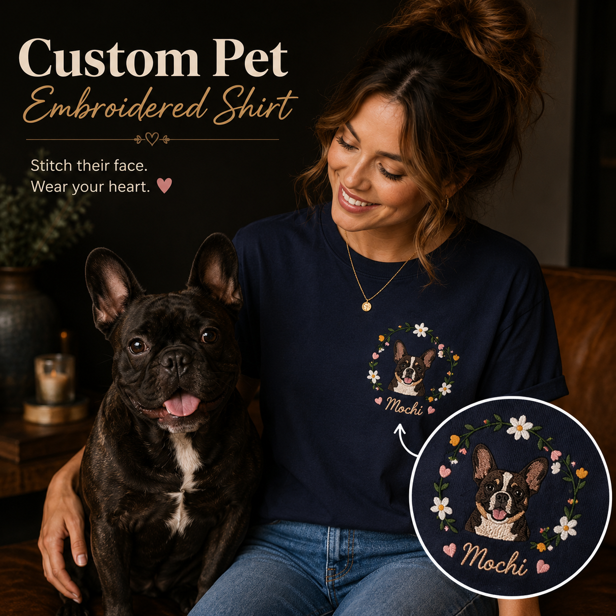 Custom Photo Dog Embroidered Unisex T-Shirt, Personalized Pet Portrait Shirt, Dog Mom Dad Gift THUC99