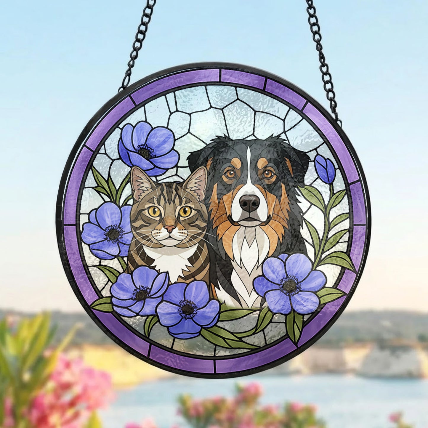Custom Dog & Cat Stained Glass Suncatcher – Personalized Pet Portrait Window Hanging THUC99