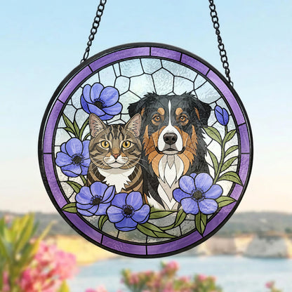 Custom Dog & Cat Stained Glass Suncatcher – Personalized Pet Portrait Window Hanging THUC99
