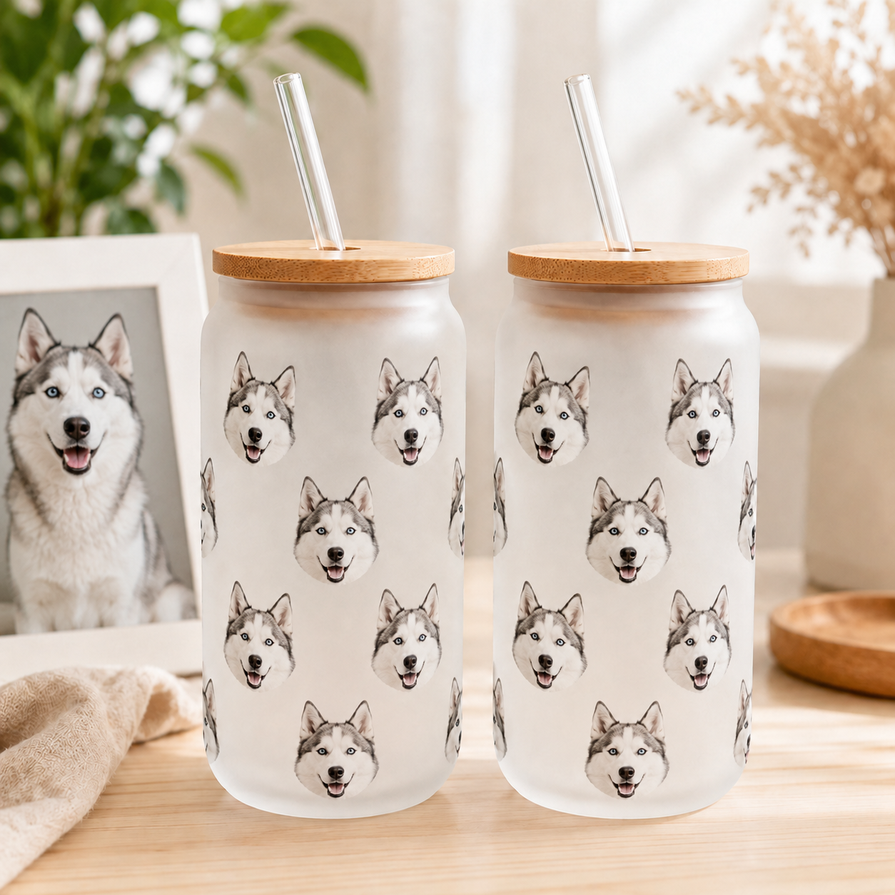 Custom Dog Photo Iced Coffee Glass – 16oz Personalized Cup with Bamboo Lid THUC99