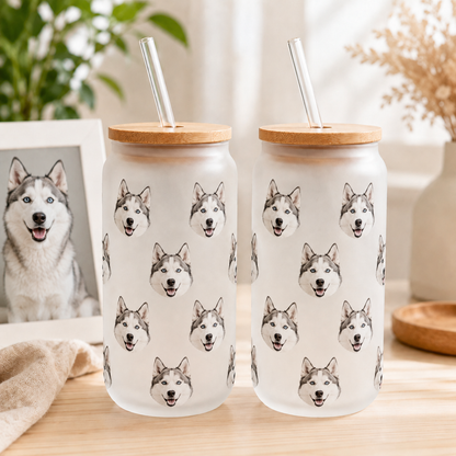 Custom Dog Photo Iced Coffee Glass – 16oz Personalized Cup with Bamboo Lid THUC99
