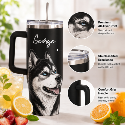 Custom Pet Picture 40oz Tumbler – Personalized Dog Lover Cup with Handle and Straw THUC99