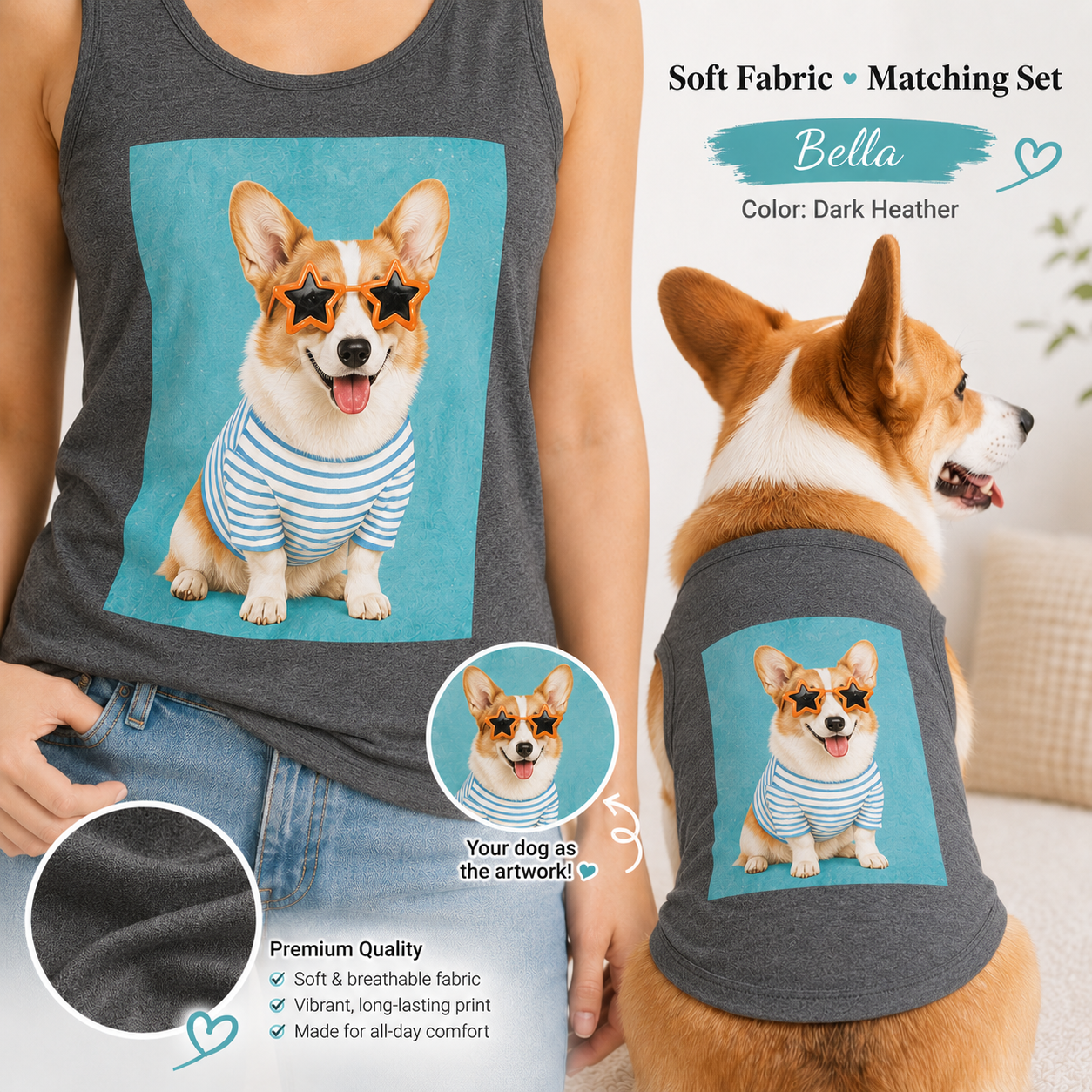 Custom Photo Dog Women’s Tank Top Set, Matching Dog Mom and Pet Shirt Gift THUC99