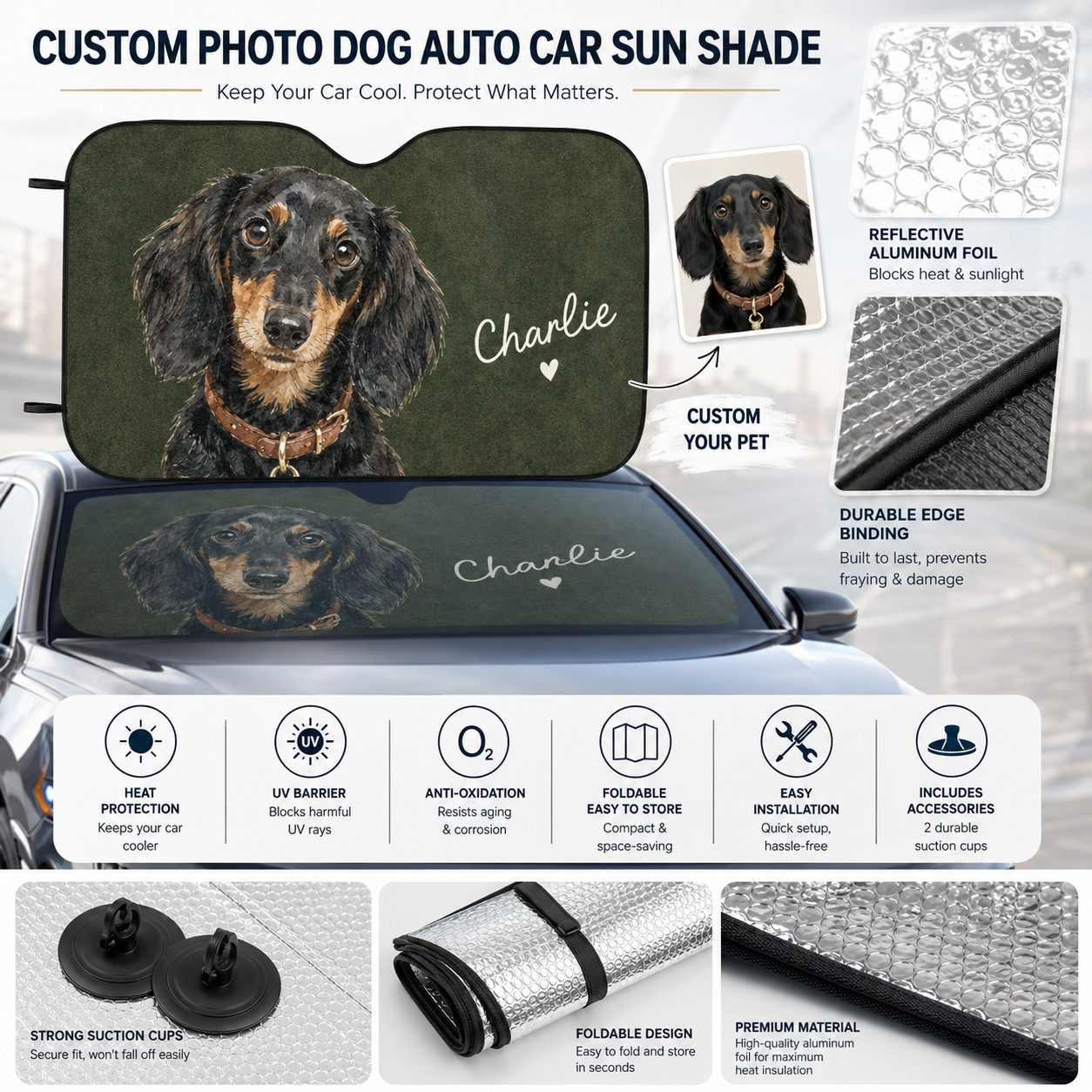 Custom Dog Dad Windshield Sun Shade, Personalized Pet Car Sun Cover, Photo Auto Sunshade Gift THUC99