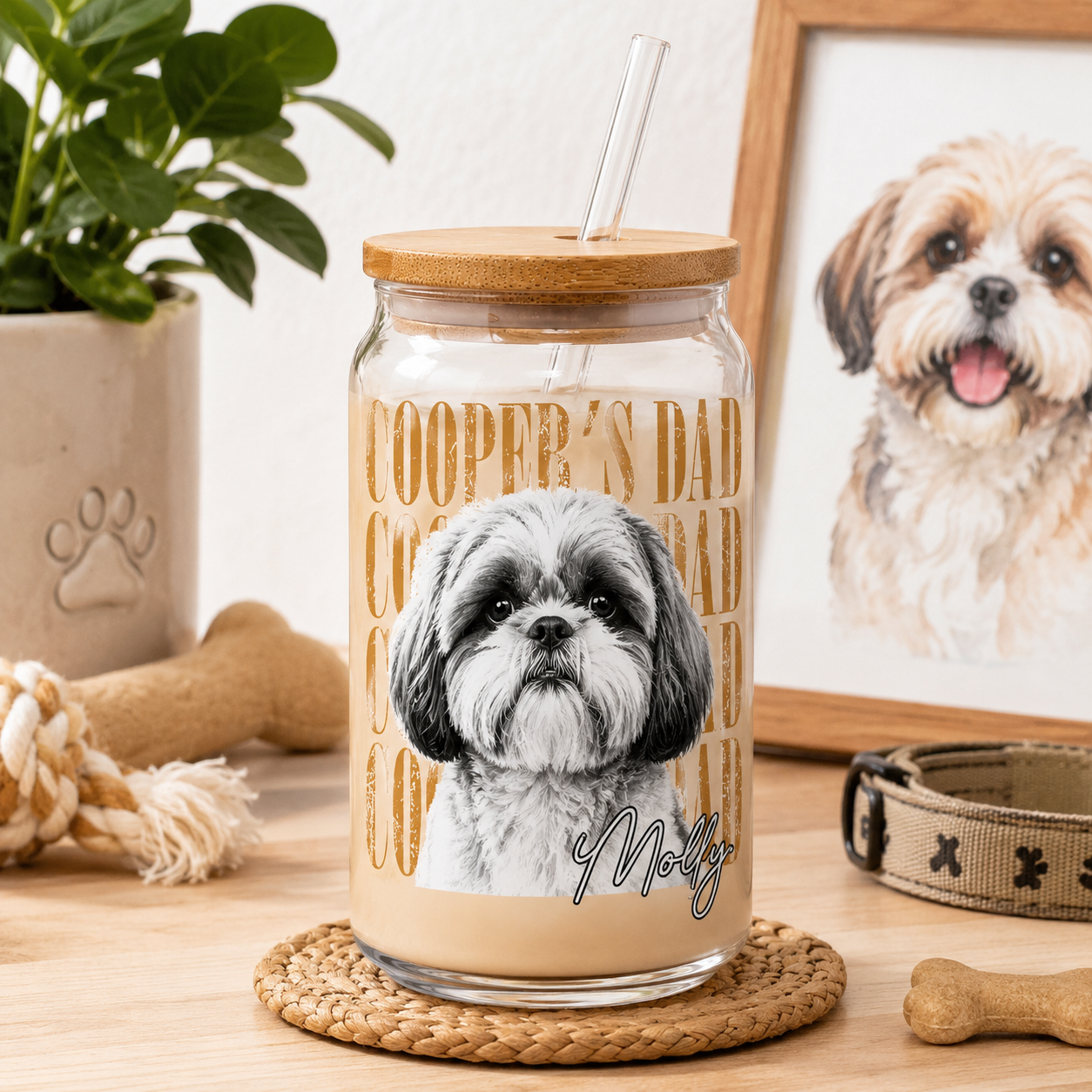 Custom Dog Picture Glass Cup – 16oz Sipper Tumbler with Bamboo Lid and Straw THUC99