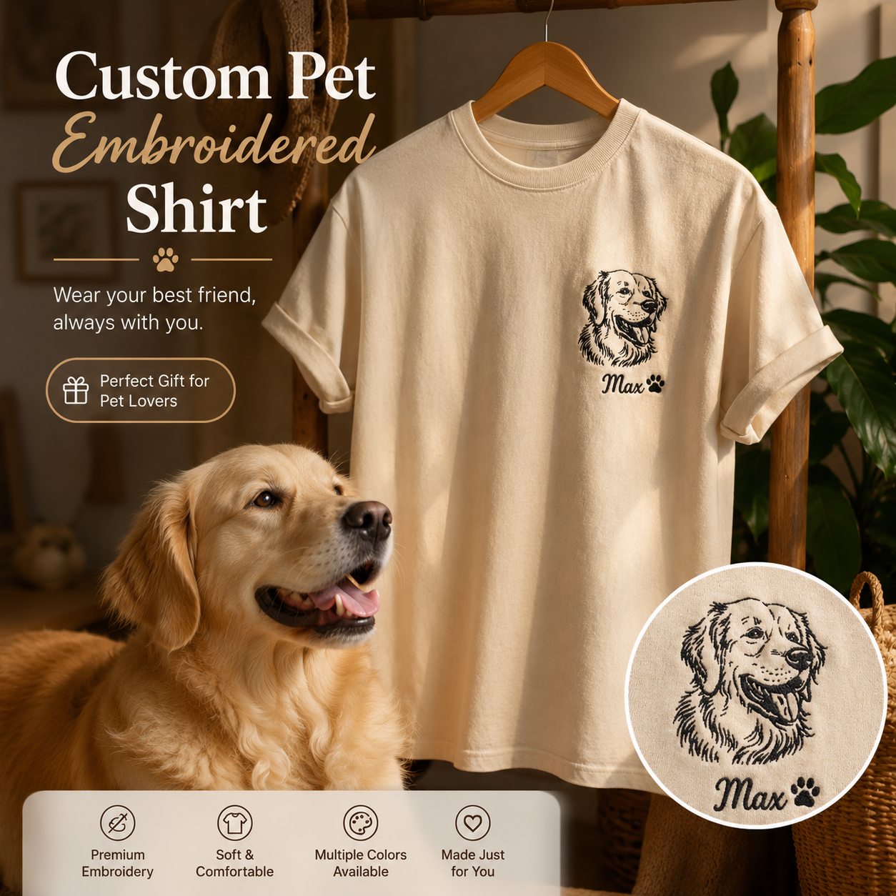 Custom Dog Portrait Embroidered T-Shirt, Personalized Pet Photo Shirt, Gift For Dog Lover THUC99