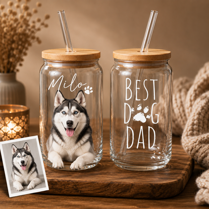 Personalized Dog Portrait Glass Cup 16oz – Custom Sipper with Bamboo Lid & Straw THUC99
