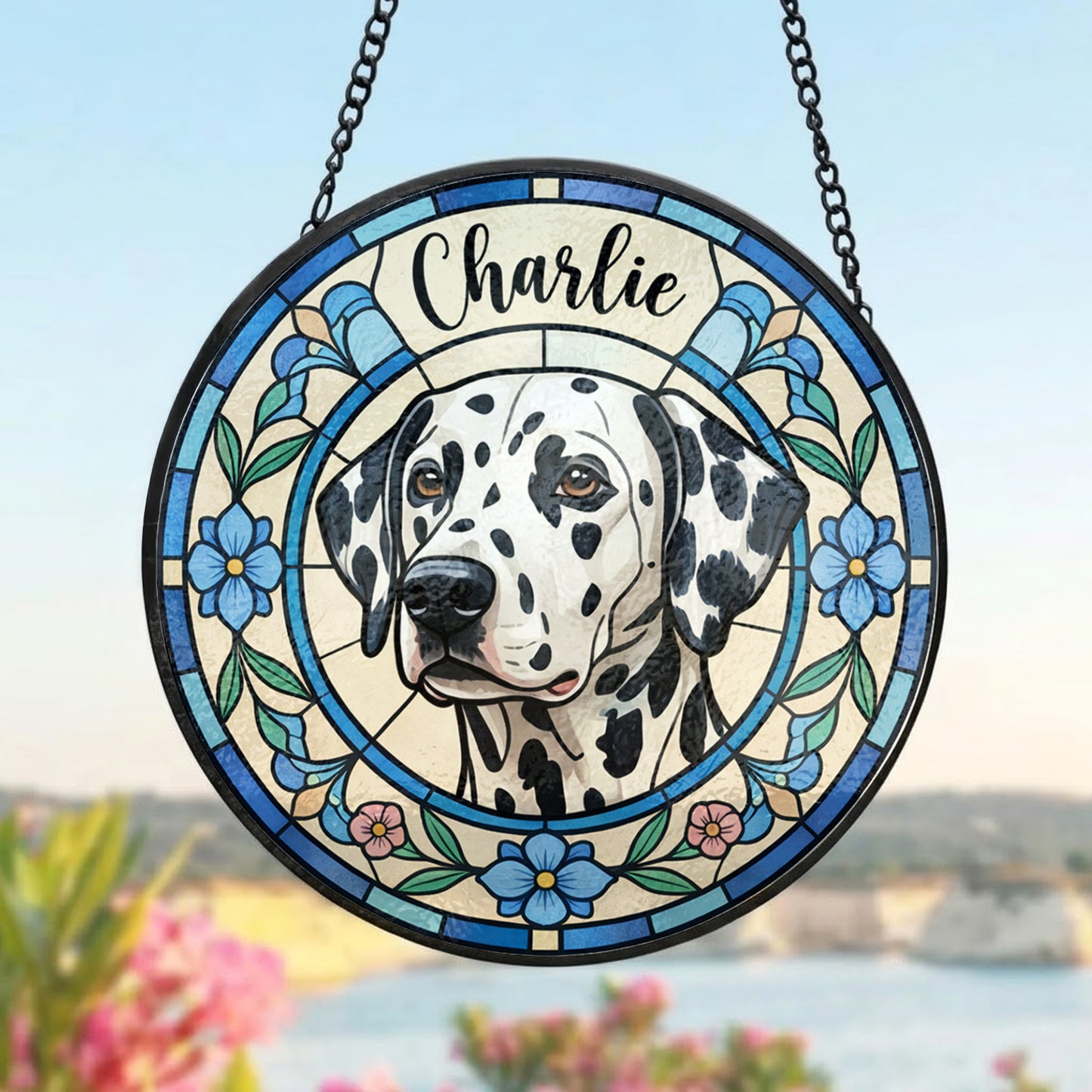 Custom Photo Dog Stained Glass Suncatcher - Personalized Pet Portrait Gift for Dog Mom, Dog Dad THUC99