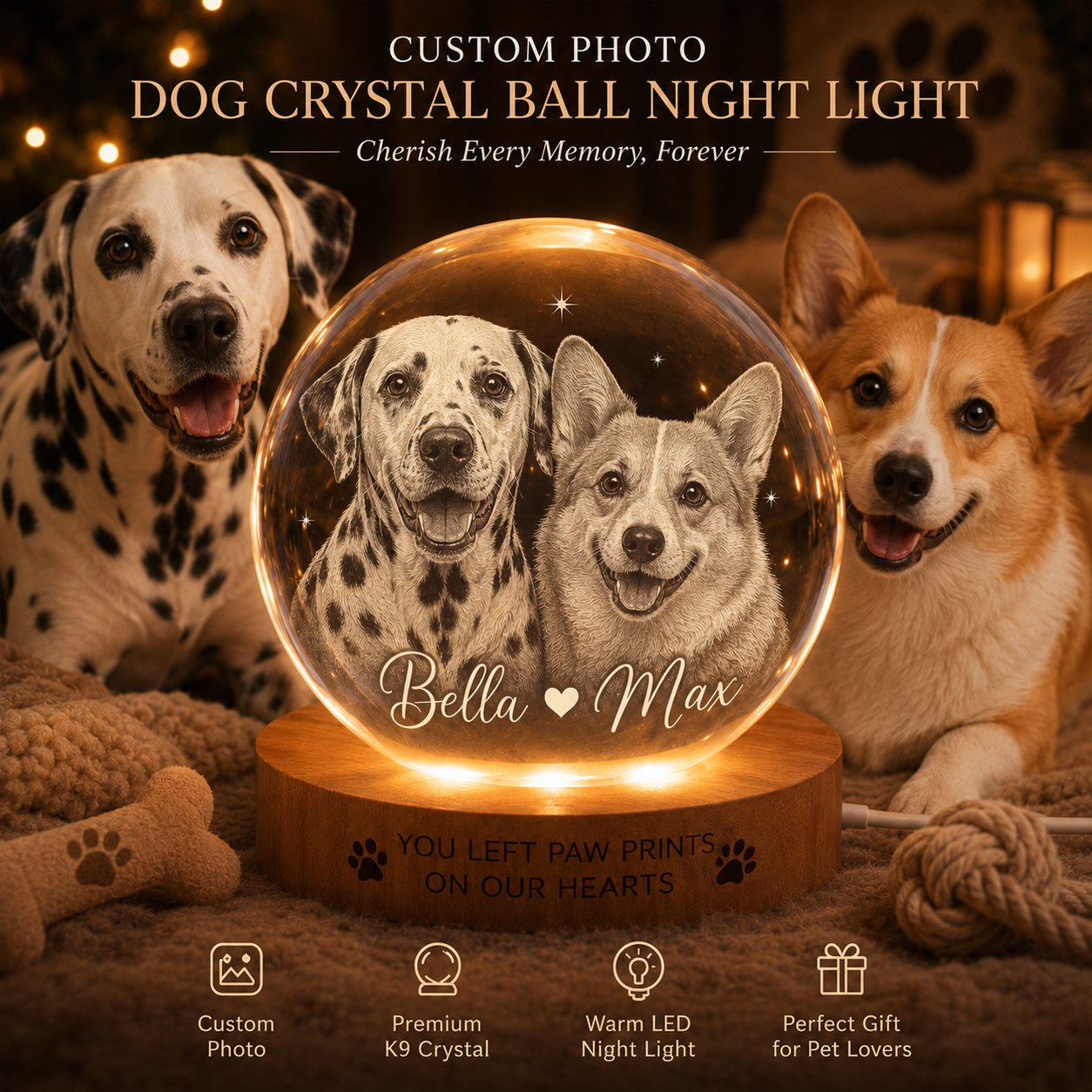 Personalized Dog Crystal Ball Lamp, Custom Pet Photo Night Light, Memorial Dog Keepsake THUC99