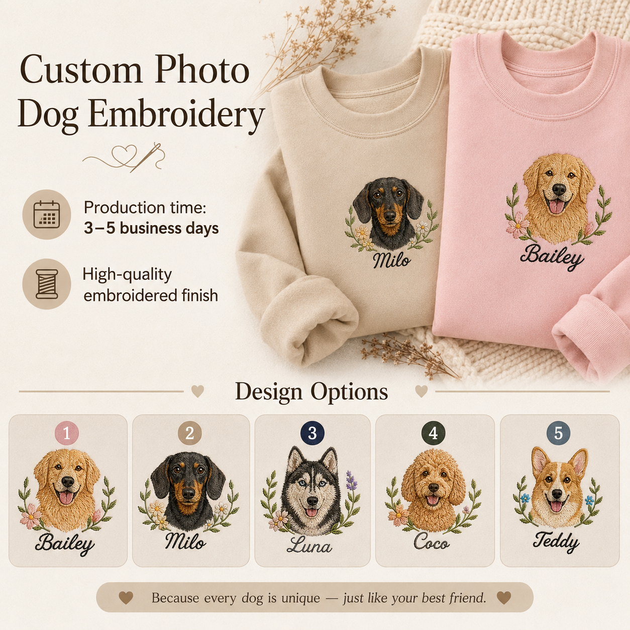 Custom Photo Dog Sweatshirt, Embroidered Pet Portrait Crewneck THUC99