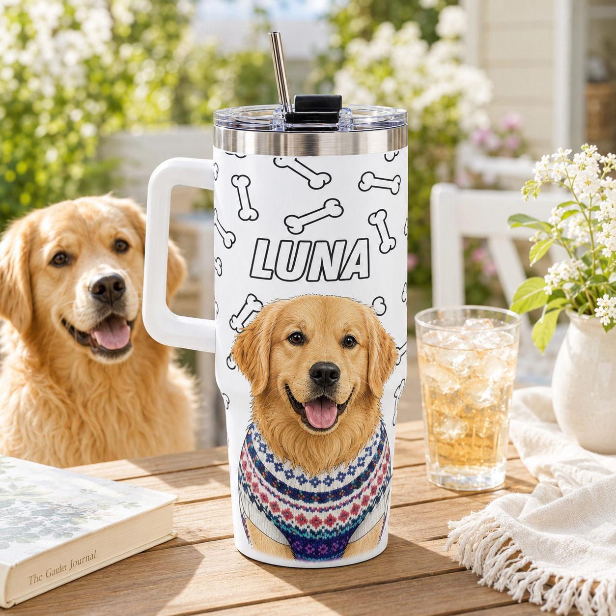 Custom Photo Dog 40oz Tumbler with Handle – Personalized Pet Portrait Travel Cup for Dog Lovers THUC99
