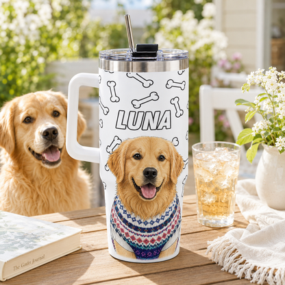 Custom Photo Dog 40oz Tumbler with Handle – Personalized Pet Portrait Travel Cup for Dog Lovers THUC99