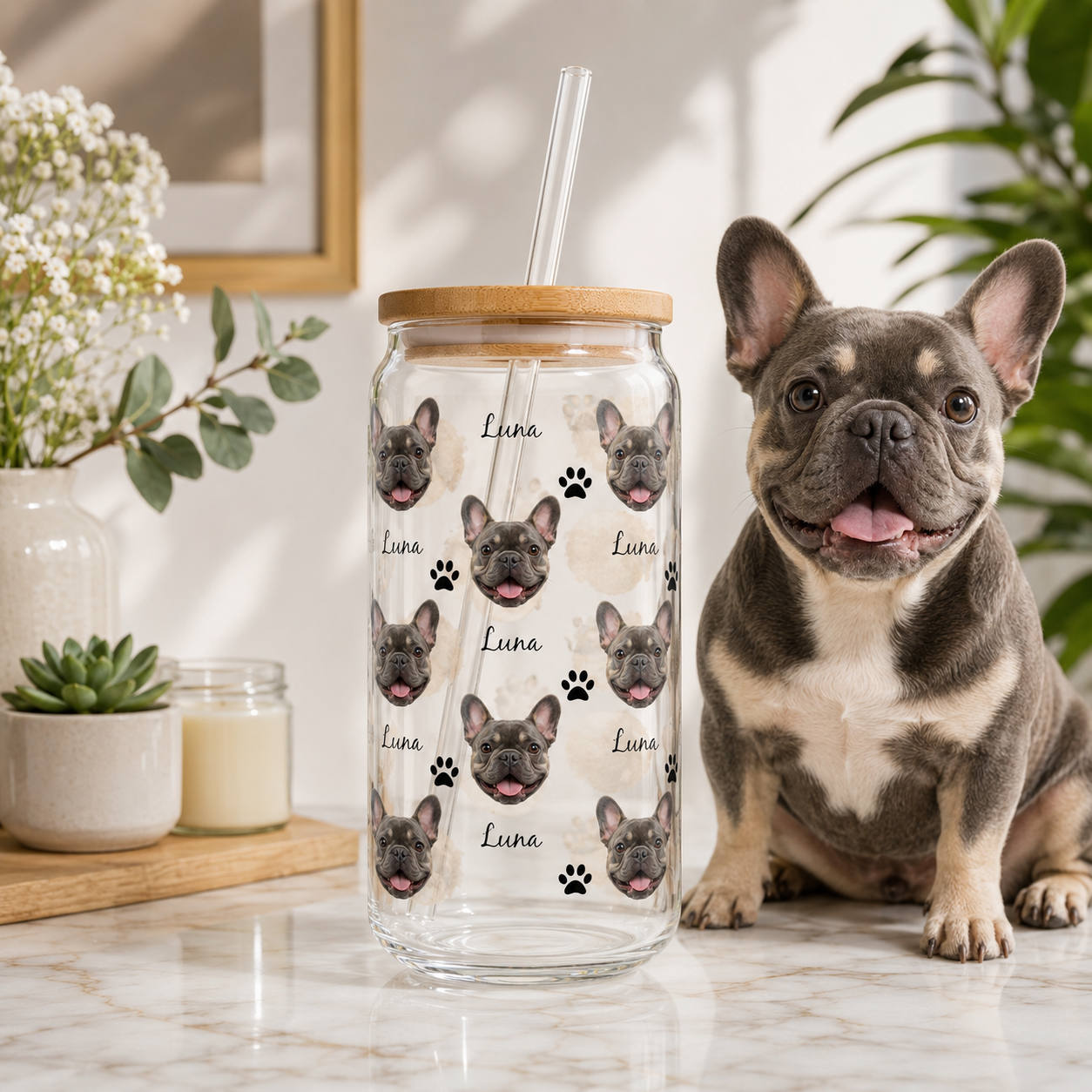 Custom Dog Photo Sipper Glass 16oz – Personalized Glass Tumbler with Bamboo Lid & Straw THUC99