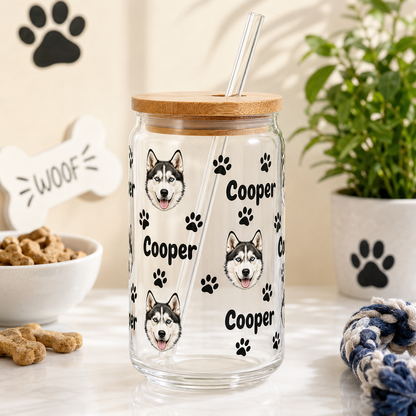 Personalized Dog Face Glass Tumbler 16oz – Custom Pet Cup with Bamboo Lid & Straw THUC99 (Copy)