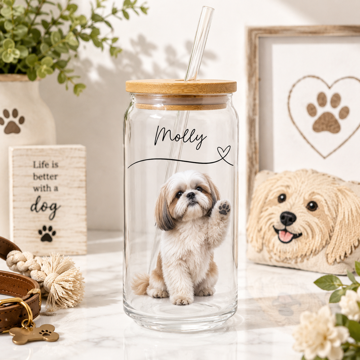 Custom Dog Mom Glass Tumbler – Personalized 16oz Cup with Lid & Straw THUC99