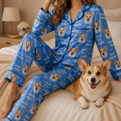Custom Pet Portrait Satin Pajamas Set Personalized Dog Face Sleepwear Gift THUC99