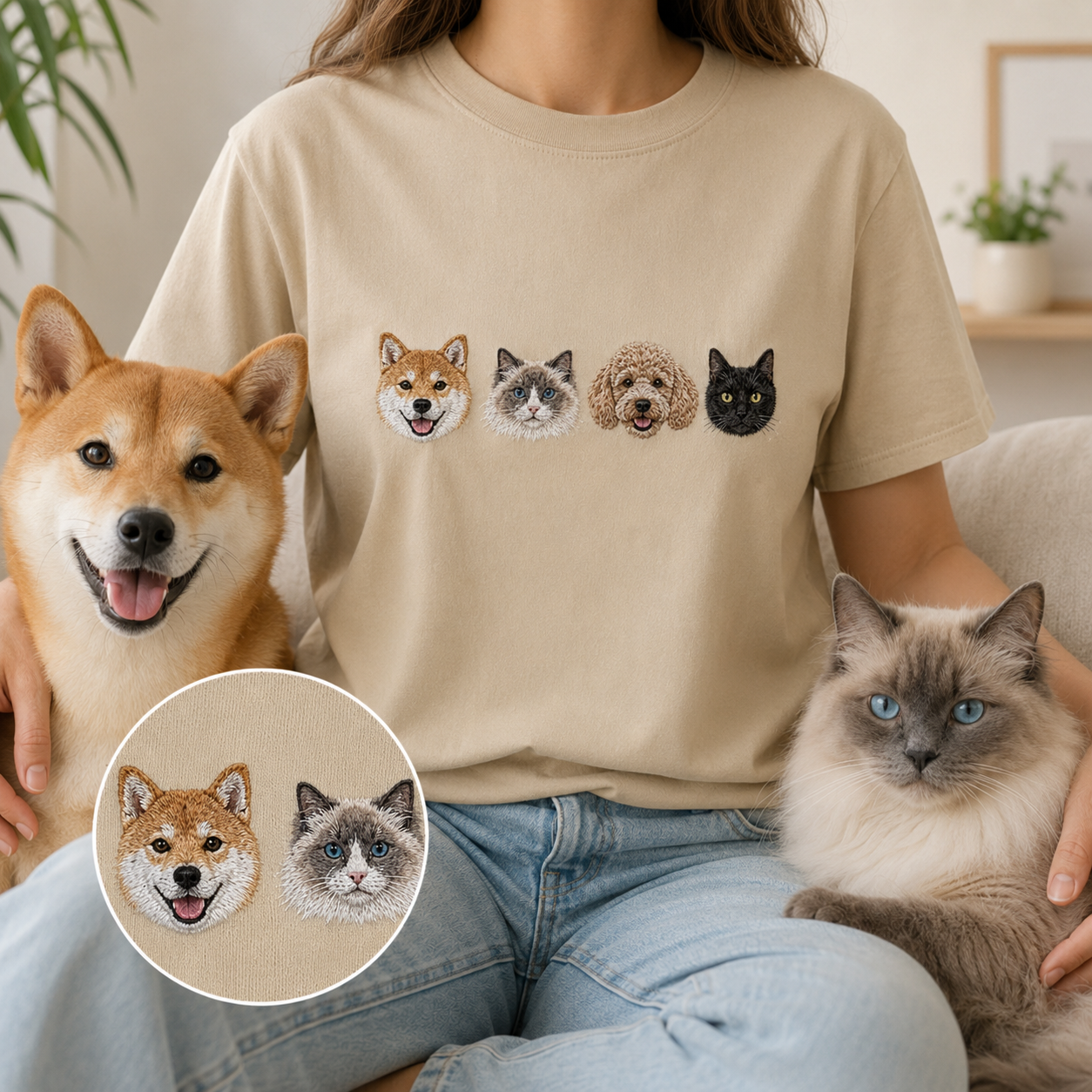 Custom Dog Photo Embroidered Tee, Personalized Pet Face Shirt, Dog Mom Dad Birthday Gift THUC99