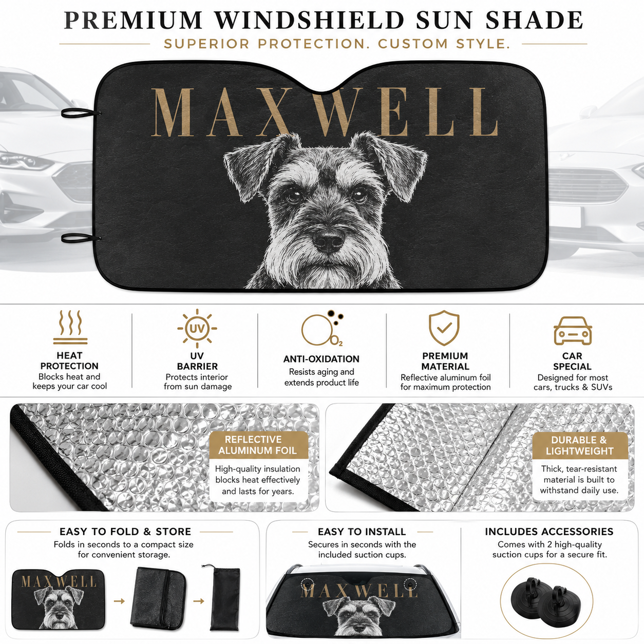 Custom Dog Auto Car Sun Shade, Personalized Pet Windshield Sunshade, Custom Photo Dog Car Accessories Gift THUC99