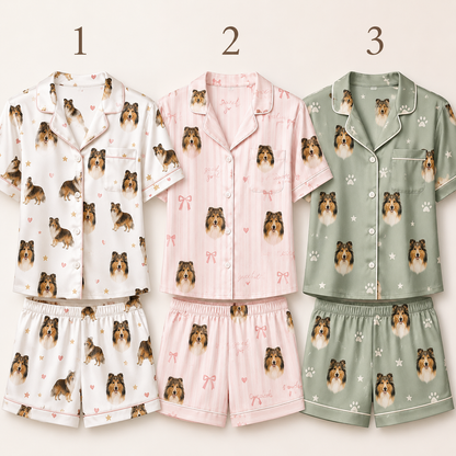 Custom Dog Face Printed Satin Pajamas Set Personalized Pet Photo Sleepwear for Her THUC99
