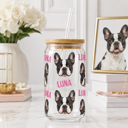 Personalized Dog Lover Glass Cup – Custom 16oz Sipper with Lid & Reusable Straw THUC99
