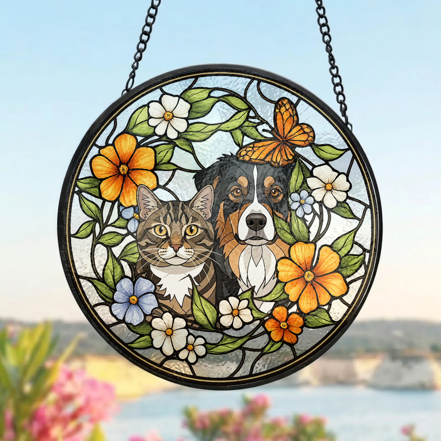 Custom Dog & Cat Stained Glass Suncatcher – Personalized Pet Portrait Window Hanging THUC99