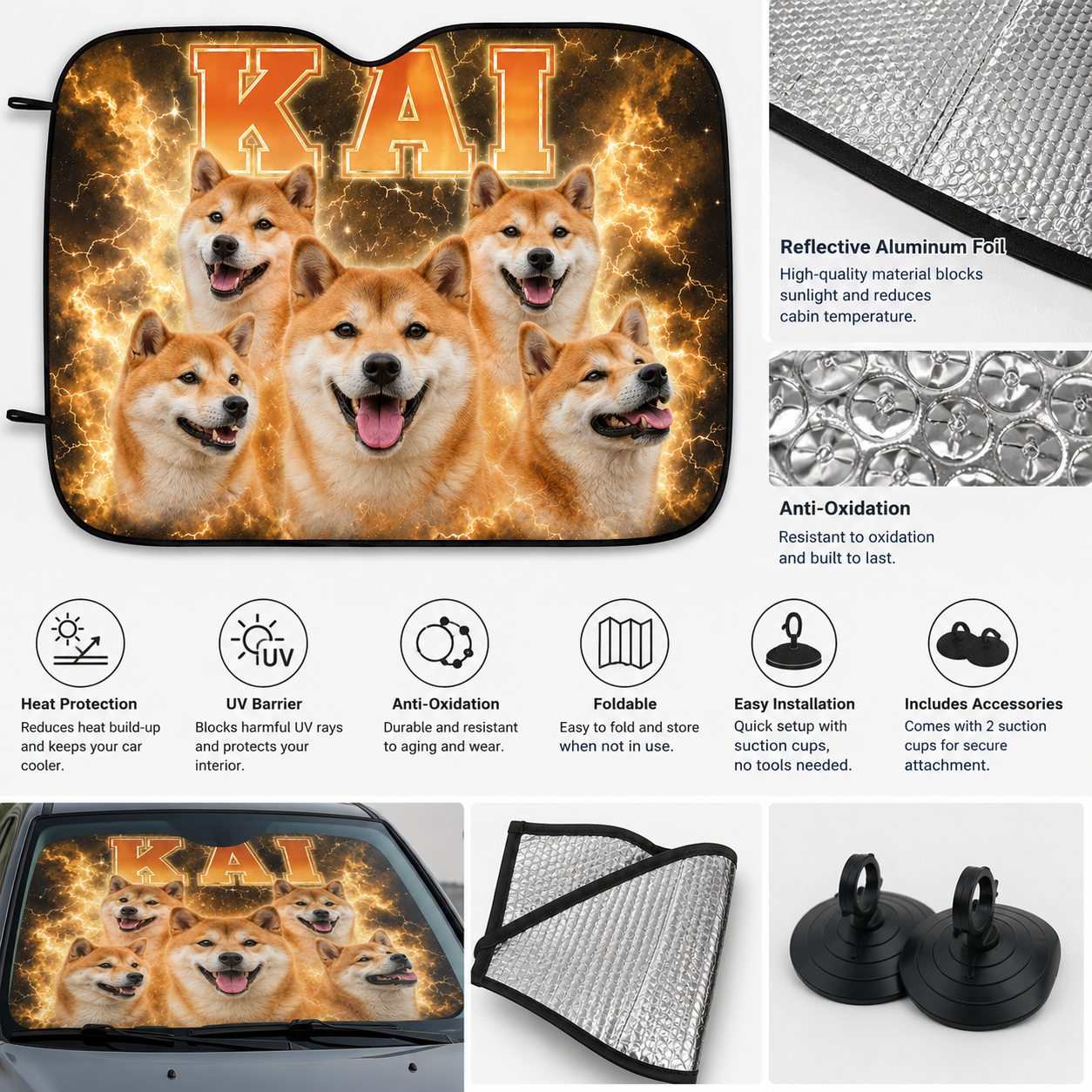 Personalized Dog Car Window Sunshade, Custom Photo Pet Windshield Cover, Car Accessories for Dog Lovers THUC99