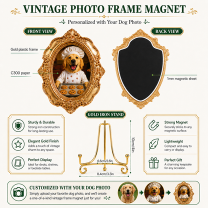 Custom Dog Photo Gold  Frame Magnet, Optional Stand Decor Gift THUC99