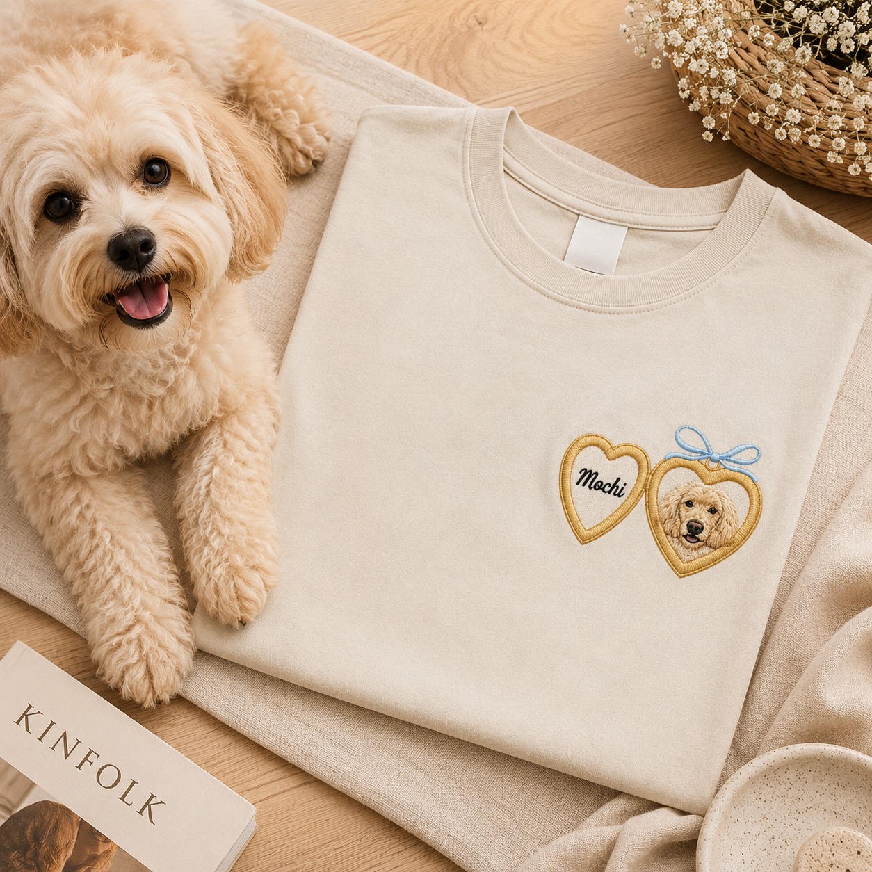 Personalized Pet Portrait Embroidered Tee, Custom Dog Photo Shirt, Gift For Dog Mom Dad THUC99