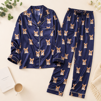Custom Pet Portrait Satin Pajamas Set Personalized Dog Face Sleepwear Gift THUC99