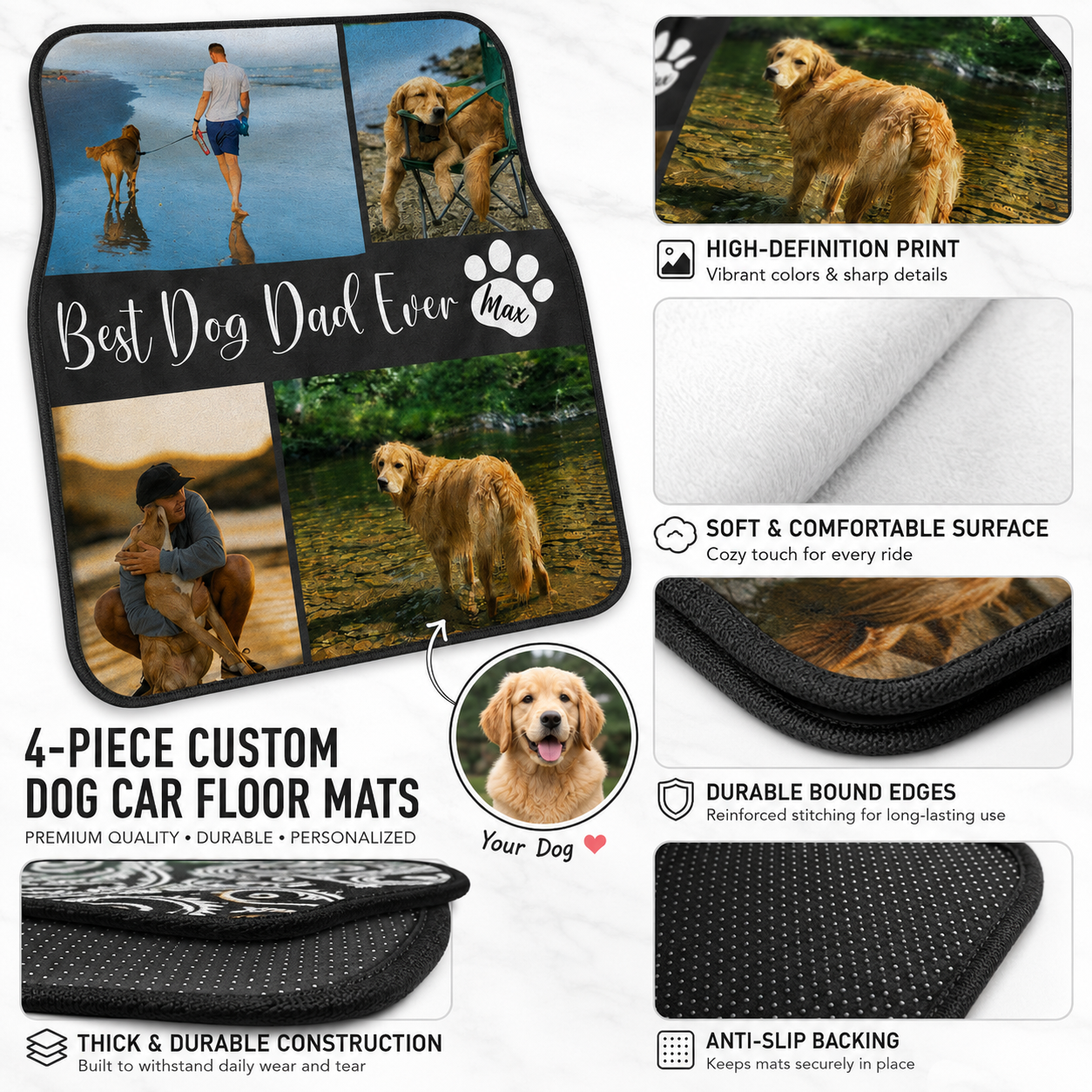 Custom Dog Portrait Auto Floor Mats 4-Piece Set, Personalized Pet Car Interior DecorTHUC99