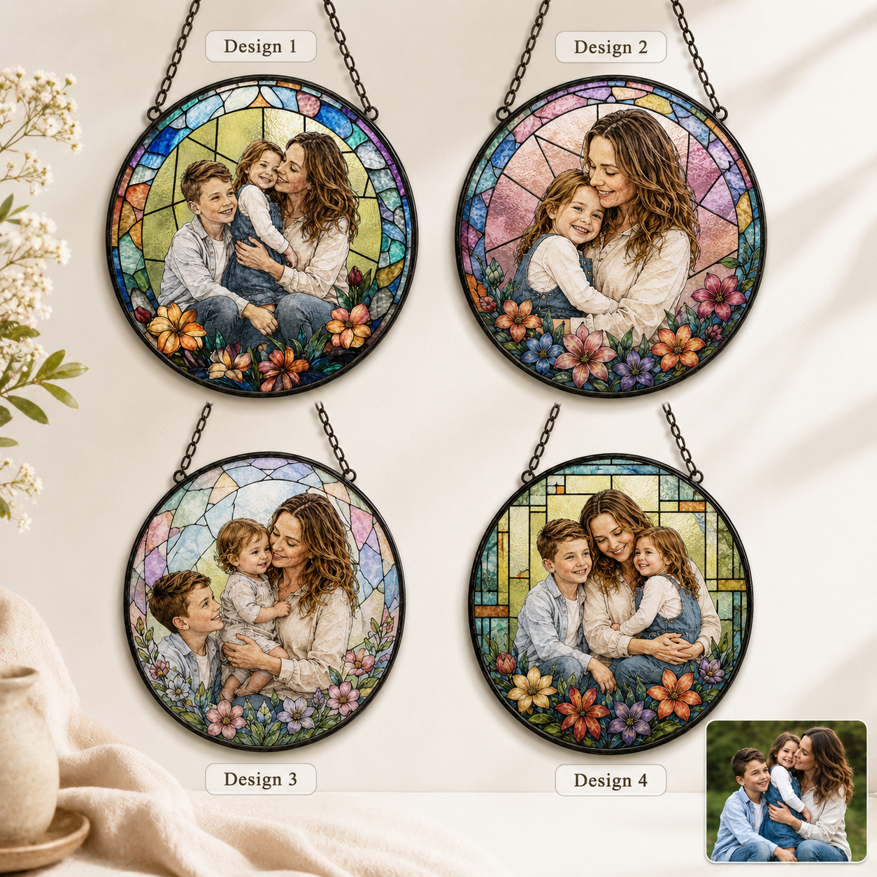 Custom Photo Mom & Grandma Stained Glass Suncatcher, Personalized Family Portrait Window Hanging Gift THUC99