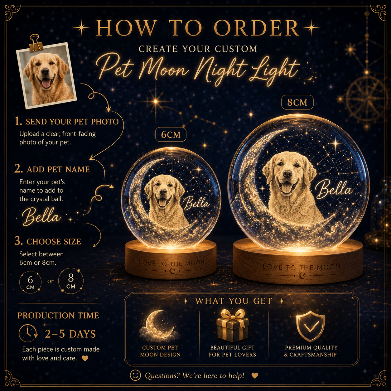Custom Dog Photo Crystal Lamp, Personalized Pet Moon Crystal Ball Night Light, Dog Memorial Gift THUC99