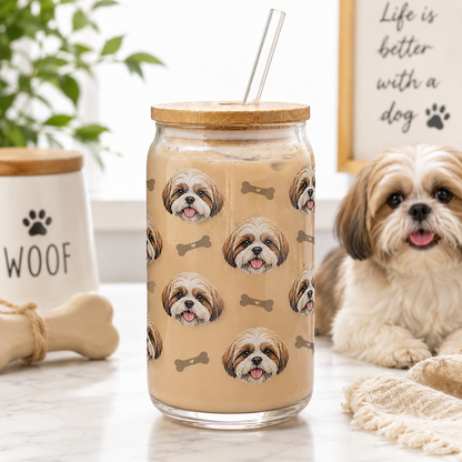 Custom Dog Photo Sipper Glass 16oz – Personalized Glass Tumbler with Bamboo Lid & Straw THUC99