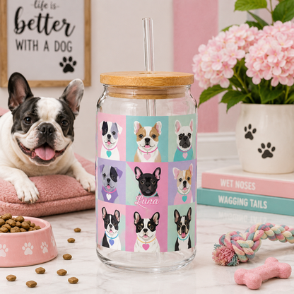 Custom Dog Photo Sipper Glass 16oz – Personalized Glass Tumbler with Bamboo Lid & Straw THUC99