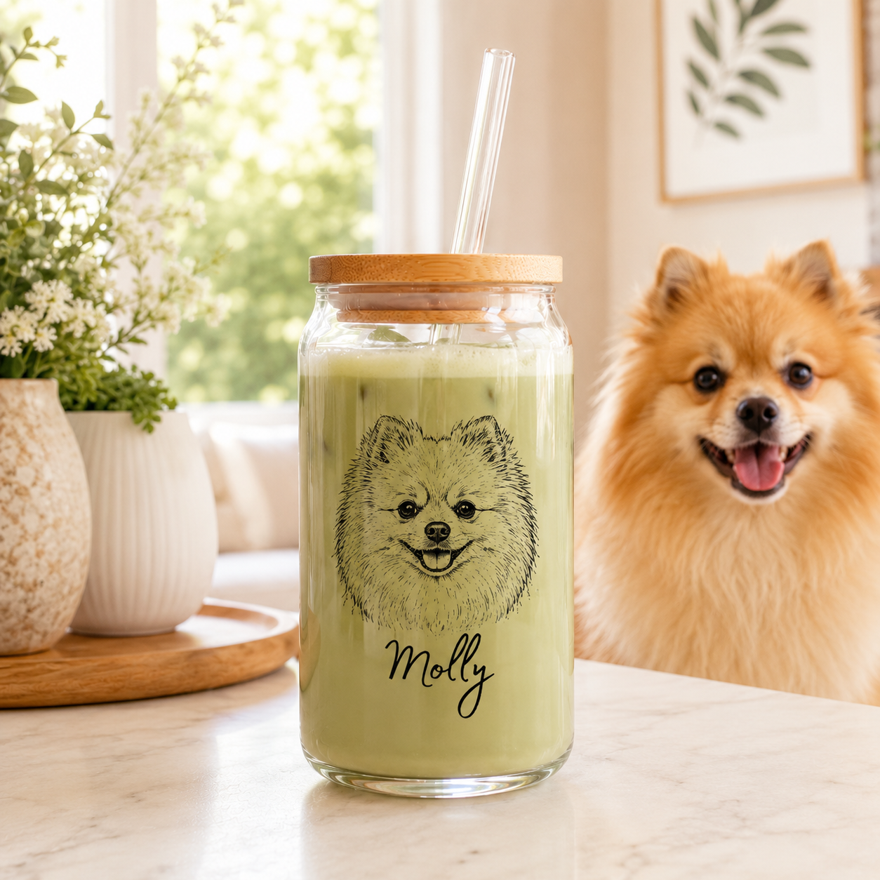 Custom Dog Photo Sipper Glass 16oz – Personalized Glass Tumbler with Bamboo Lid & Straw THUC99