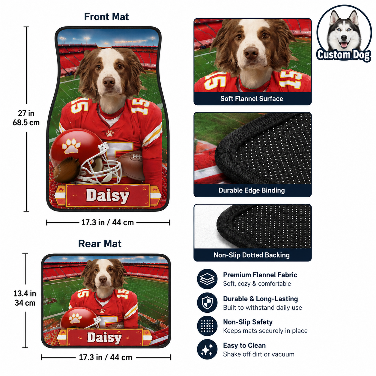 Custom Dog Face Auto Floor Mats, Personalized Football Pet Car Accessories Gift THUC99