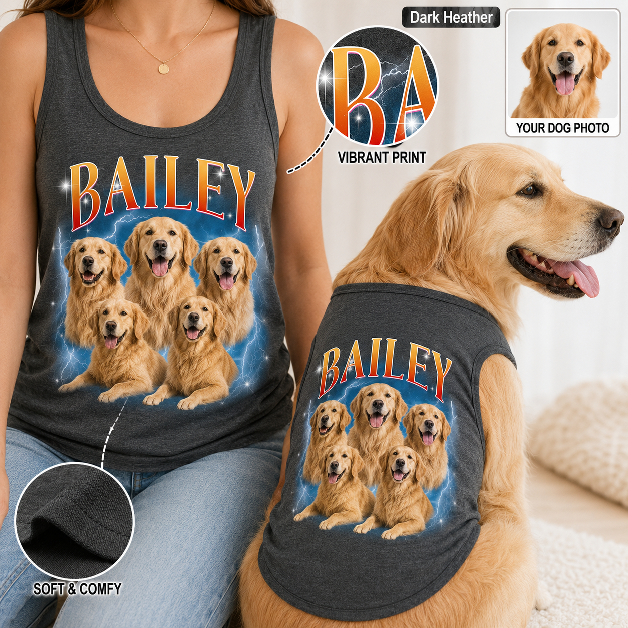 Custom Women’s Dog Mom and Pet Tank Top Set, Personalized Matching Dog Photo Shirt THUC99